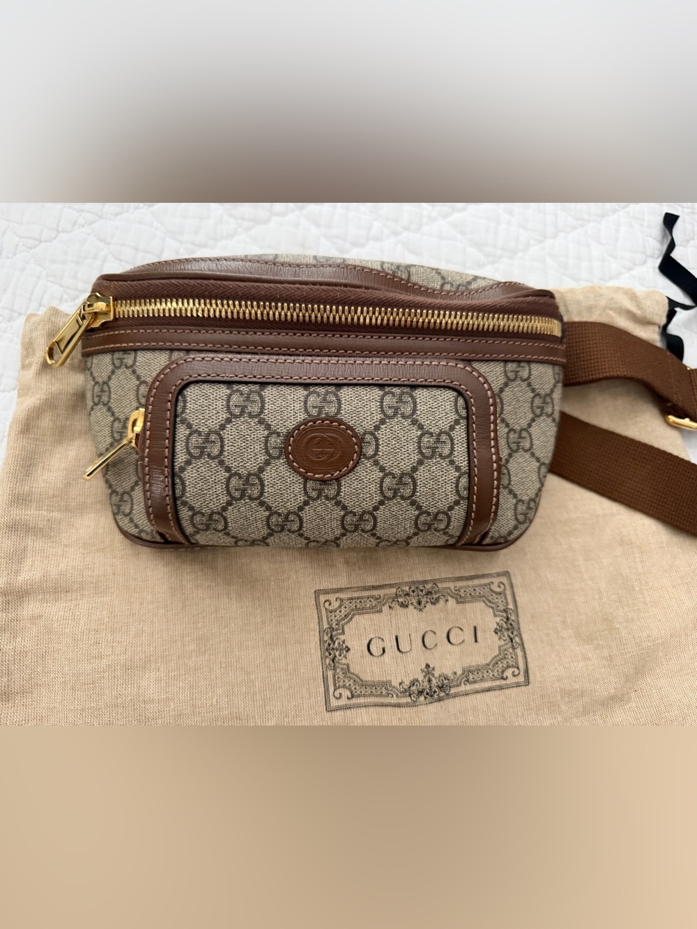 Gucci Beige GG Supreme Canvas Belt Bag with Brown Leather Trim